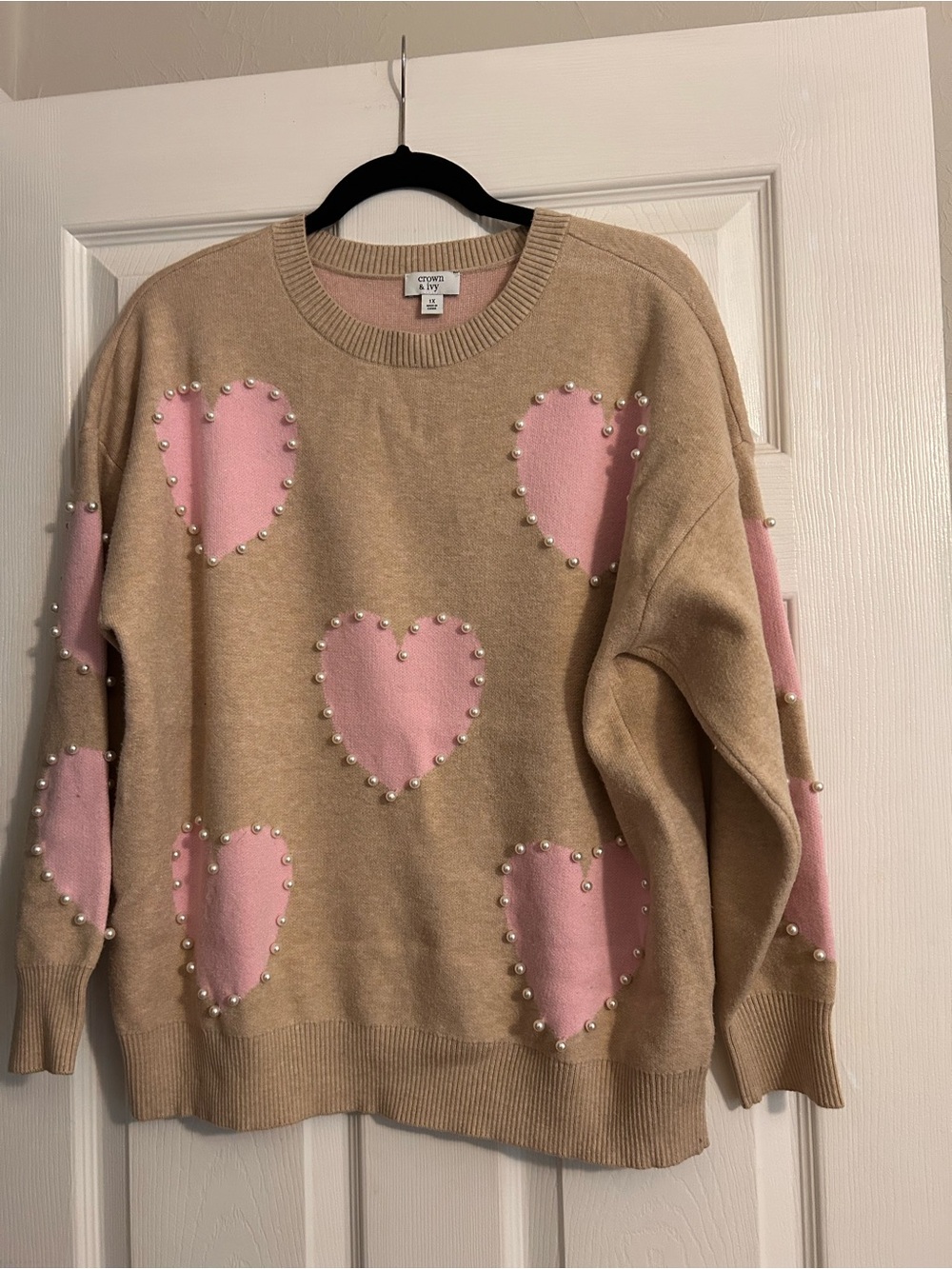 crown & ivy Beige Crewneck Sweater with Pink Heart Appliqués and Pearl Studs